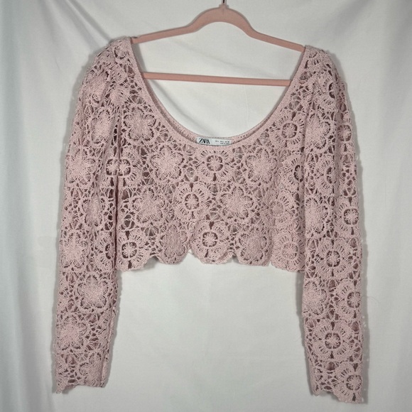 Zara Blush Pink Crochet Lace-Look Long Sleeve Crop Top, Size Large, NWOT. Boho - Picture 13 of 15